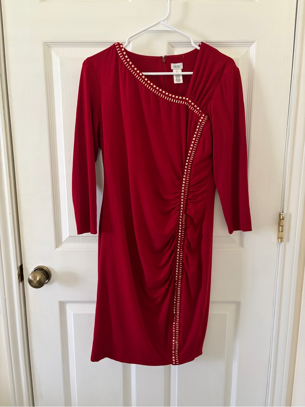 Cache Red Midi Dress with Studded Asymmetric Trim